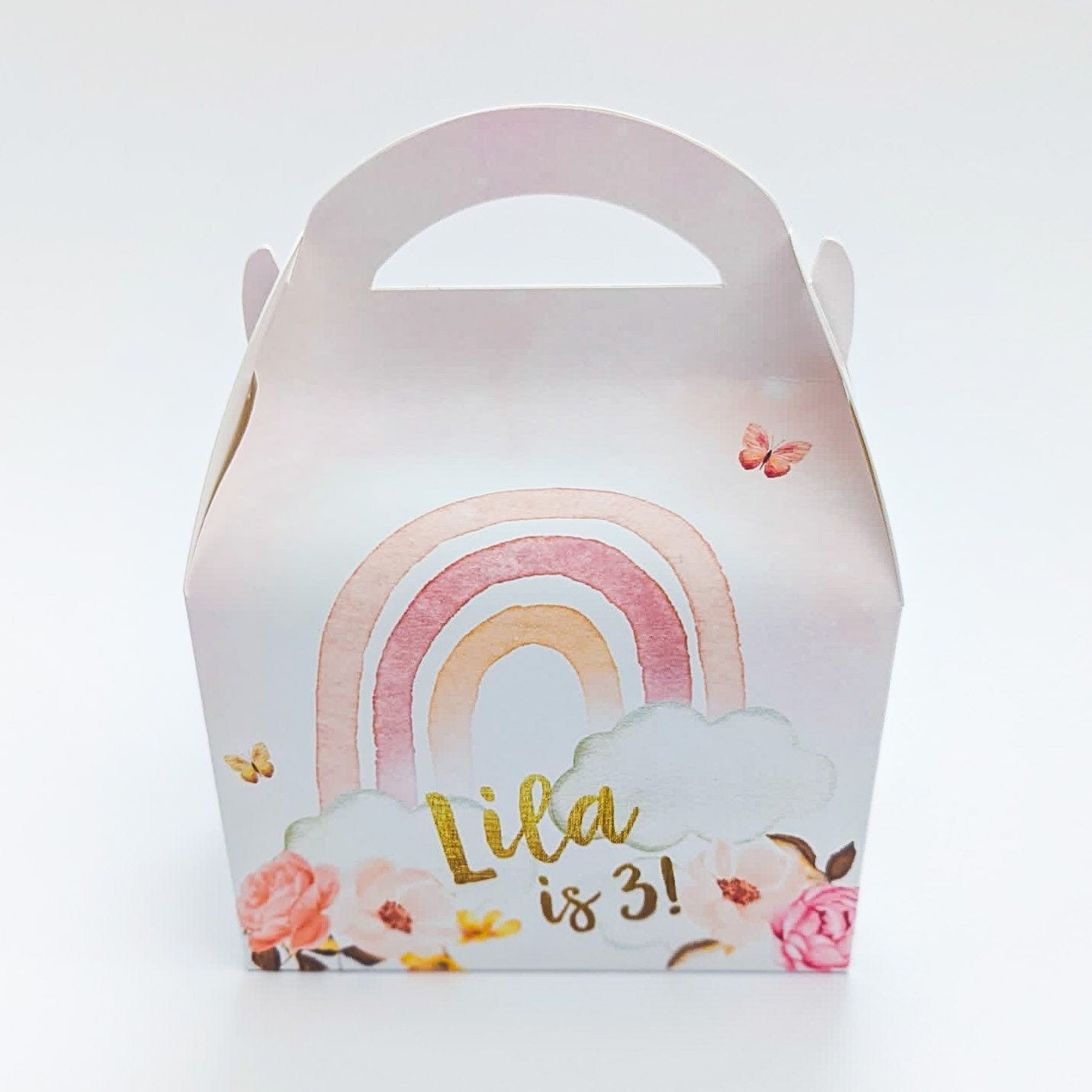 Pink floral boho rainbow Personalised Children’s Party Box Gift Bag Favour