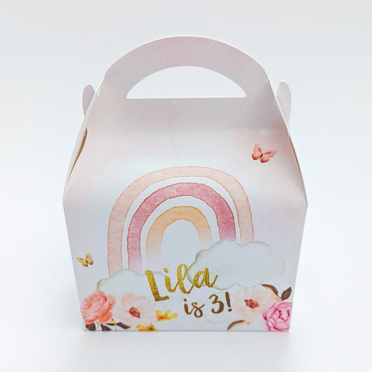 Pink floral boho rainbow Personalised Children’s Party Box Gift Bag Favour