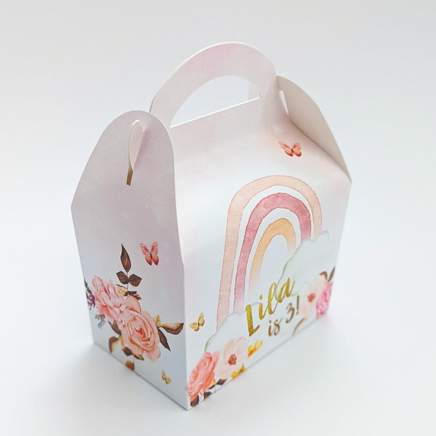 Pink floral boho rainbow Personalised Children’s Party Box Gift Bag Favour