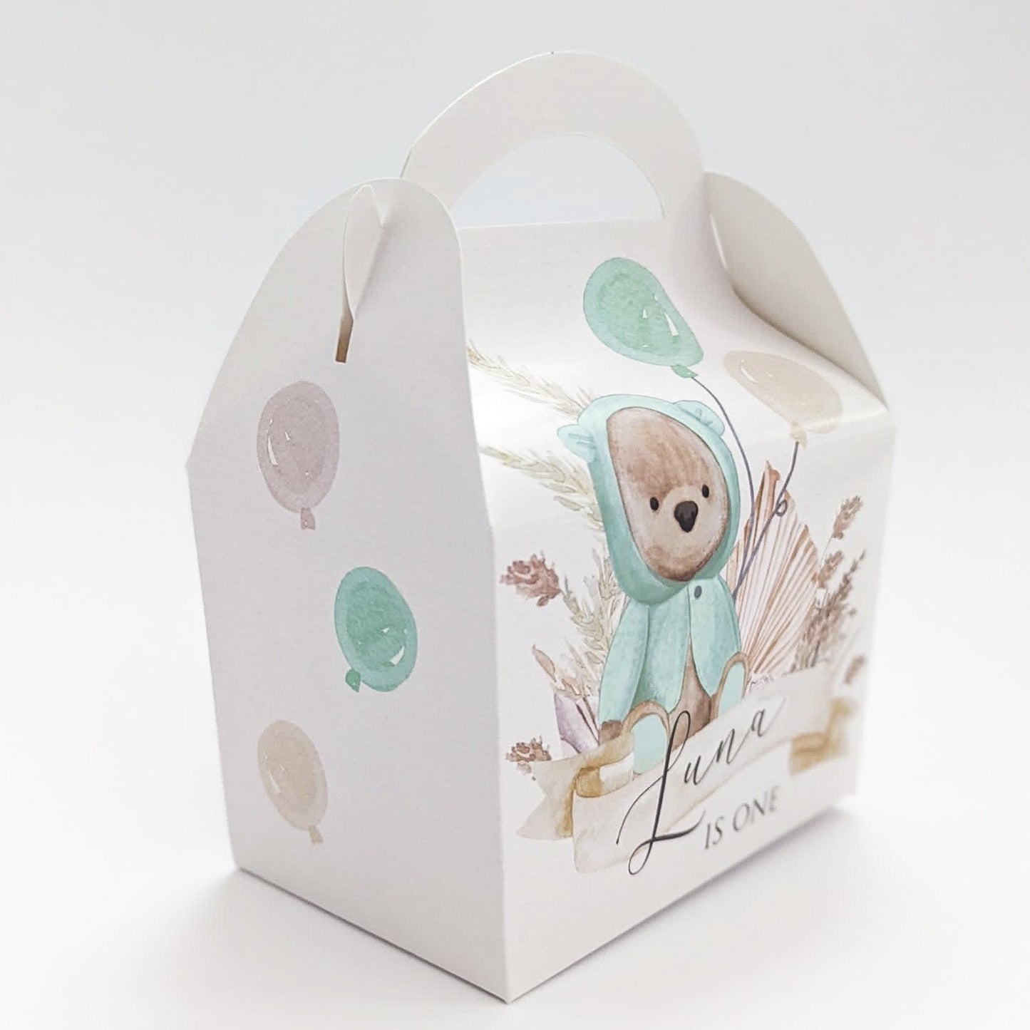 Watercolour Neutral Boho Teddy Bears and Balloons Personalised Children’s Party Box Gift Bag Favour