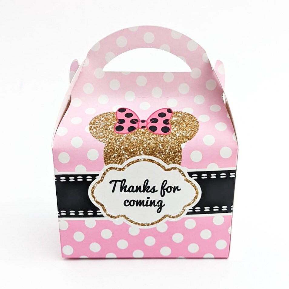 Pink and gold Minnie Mouse blue and gold Mickey Mouse  Personalised Children’s Party Box Gift Bag Favour