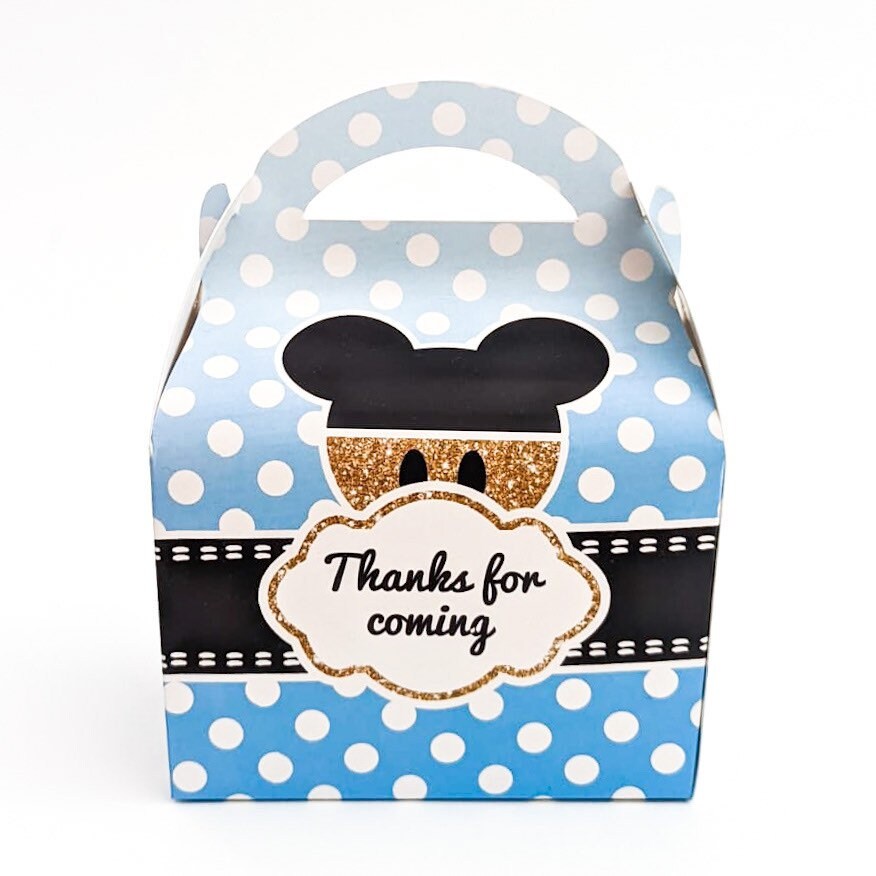 Pink and gold Minnie Mouse blue and gold Mickey Mouse  Personalised Children’s Party Box Gift Bag Favour