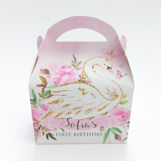 Pink floral swan Personalised Children’s Party Box Gift Bag Favour