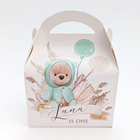 Watercolour Neutral Boho Teddy Bears and Balloons Personalised Children’s Party Box Gift Bag Favour