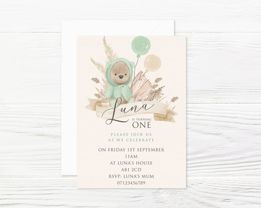 Personalised Teddy Bear Boho Party Invitations and Envelopes x 8
