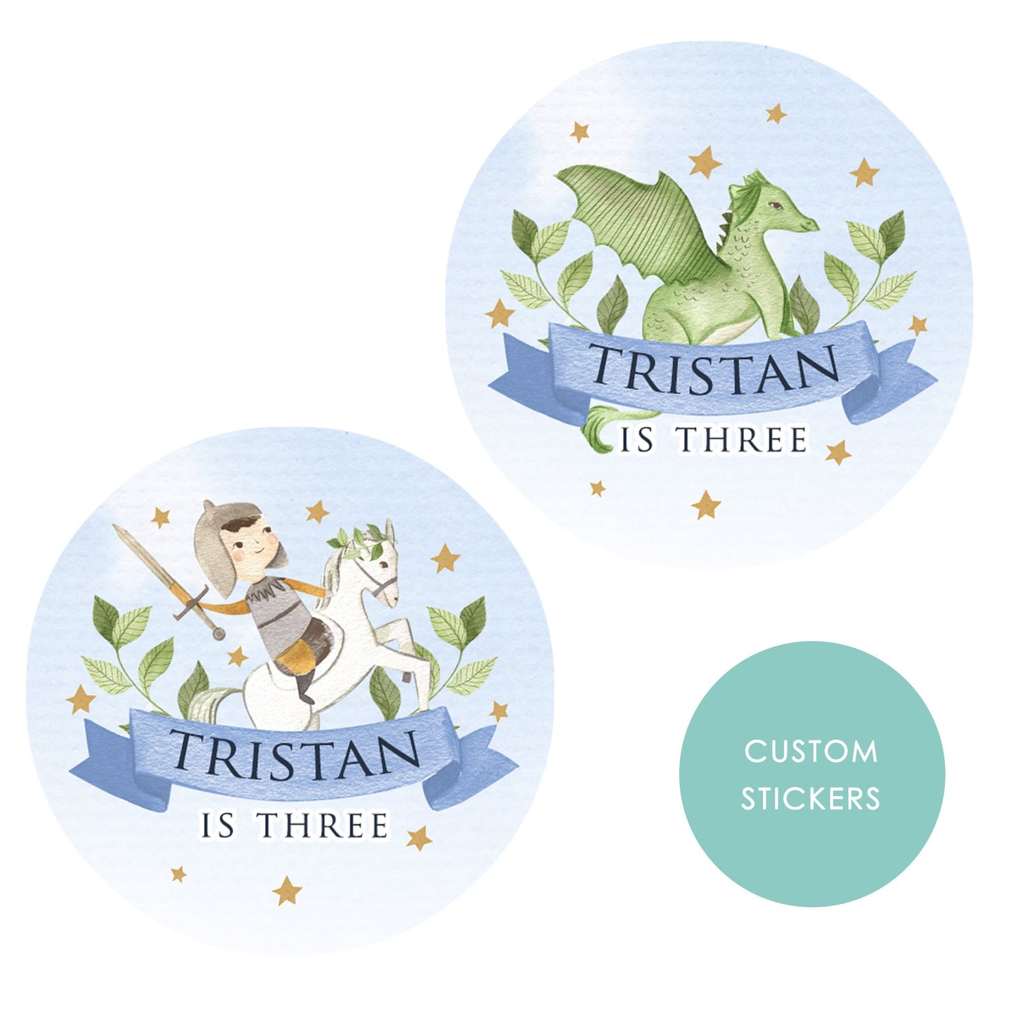PERSONALISED STICKERS Multiple sizes Knights and Dragons Fairytale Sweet Cone Gift label Trick or Treat