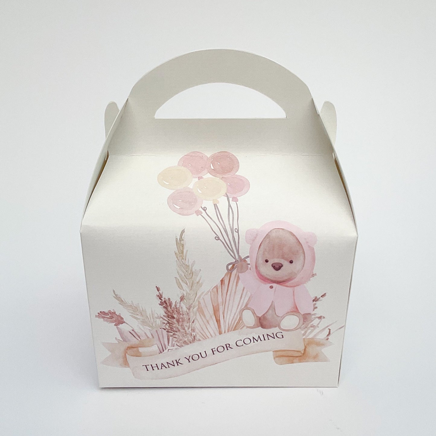 Watercolour Neutral Boho Teddy Bears and Balloons Personalised Children’s Party Box Gift Bag Favour