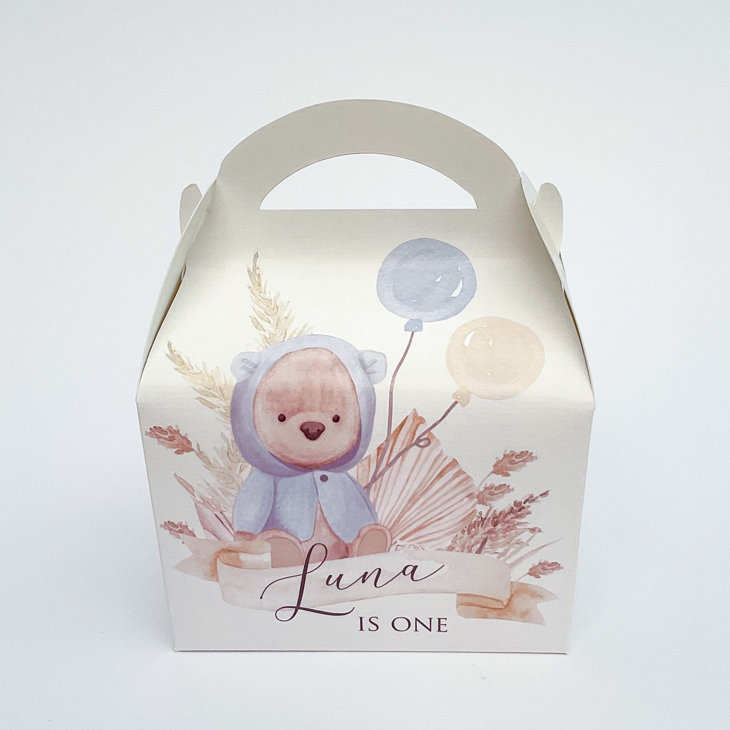 Watercolour Neutral Boho Teddy Bears and Balloons Personalised Children’s Party Box Gift Bag Favour