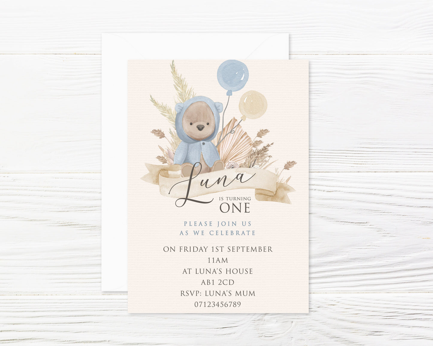 Personalised Teddy Bear Boho Party Invitations and Envelopes x 8
