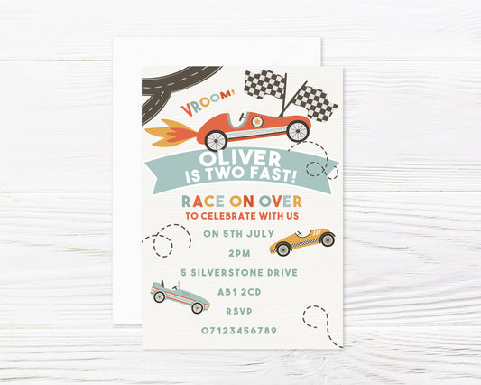 Personalised Retro racing Cars Party Invitations and Envelopes x 8