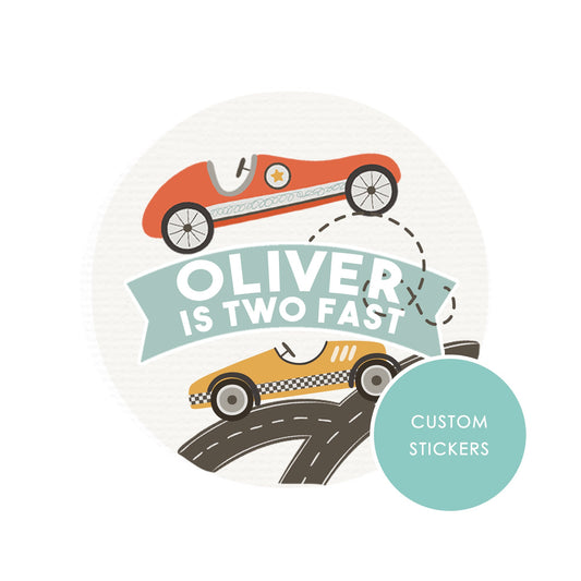 PERSONALISED STICKERS Multiple sizes Retro racing Car Sweet Cone Gift label Trick or Treat