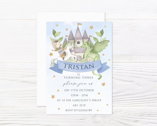 Personalised Knights and Dragons Party Invitations and Envelopes x 8