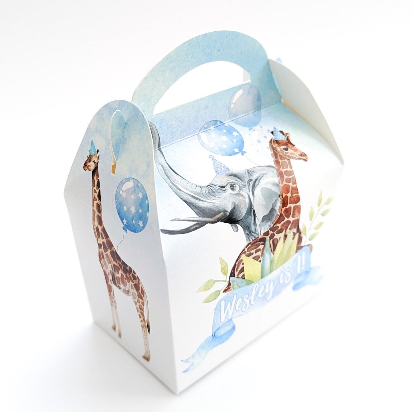 Watercolour blue jungle animals Personalised Children’s Party Box Gift Bag Favour