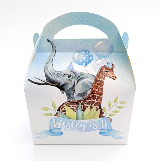 Watercolour blue jungle animals Personalised Children’s Party Box Gift Bag Favour