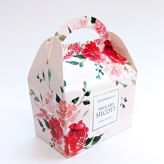 WEDDING Personalised Pink and Red Floral Wedding Favour Boxes Hen Party Bridal Shower Gift Box