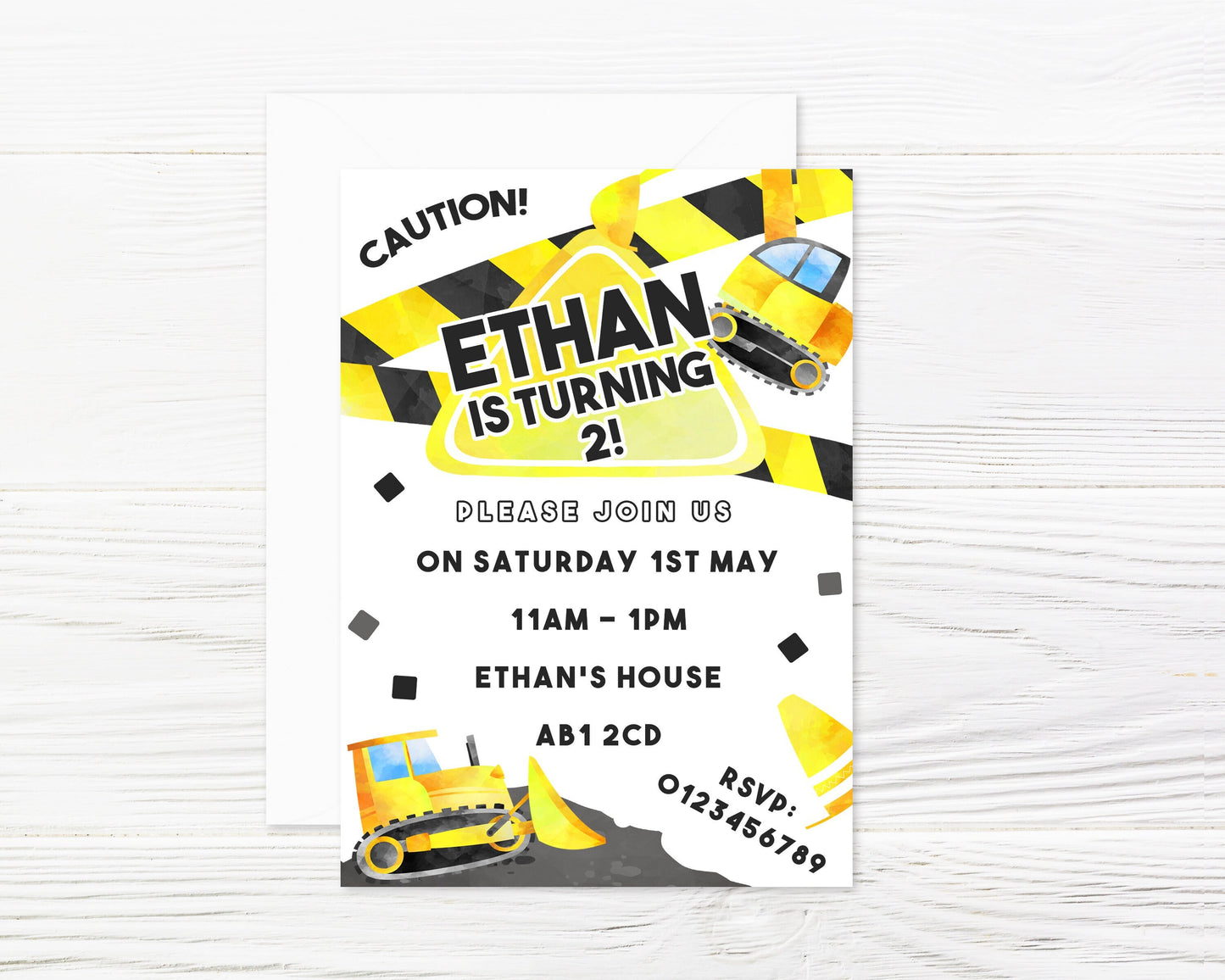 Personalised Diggers Construction Party Invitations and Envelopes x 8