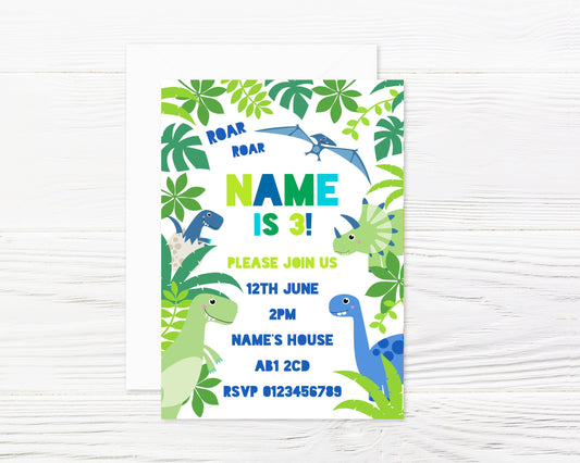 Personalised Dinosaurs Party Invitations and Envelopes x 8