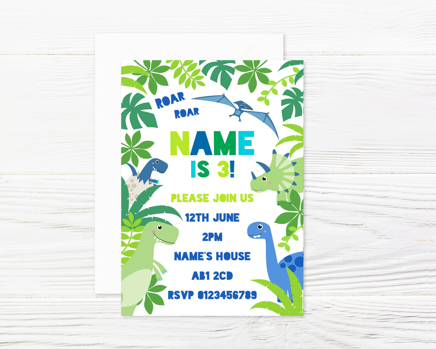 Personalised Dinosaurs Party Invitations and Envelopes x 8