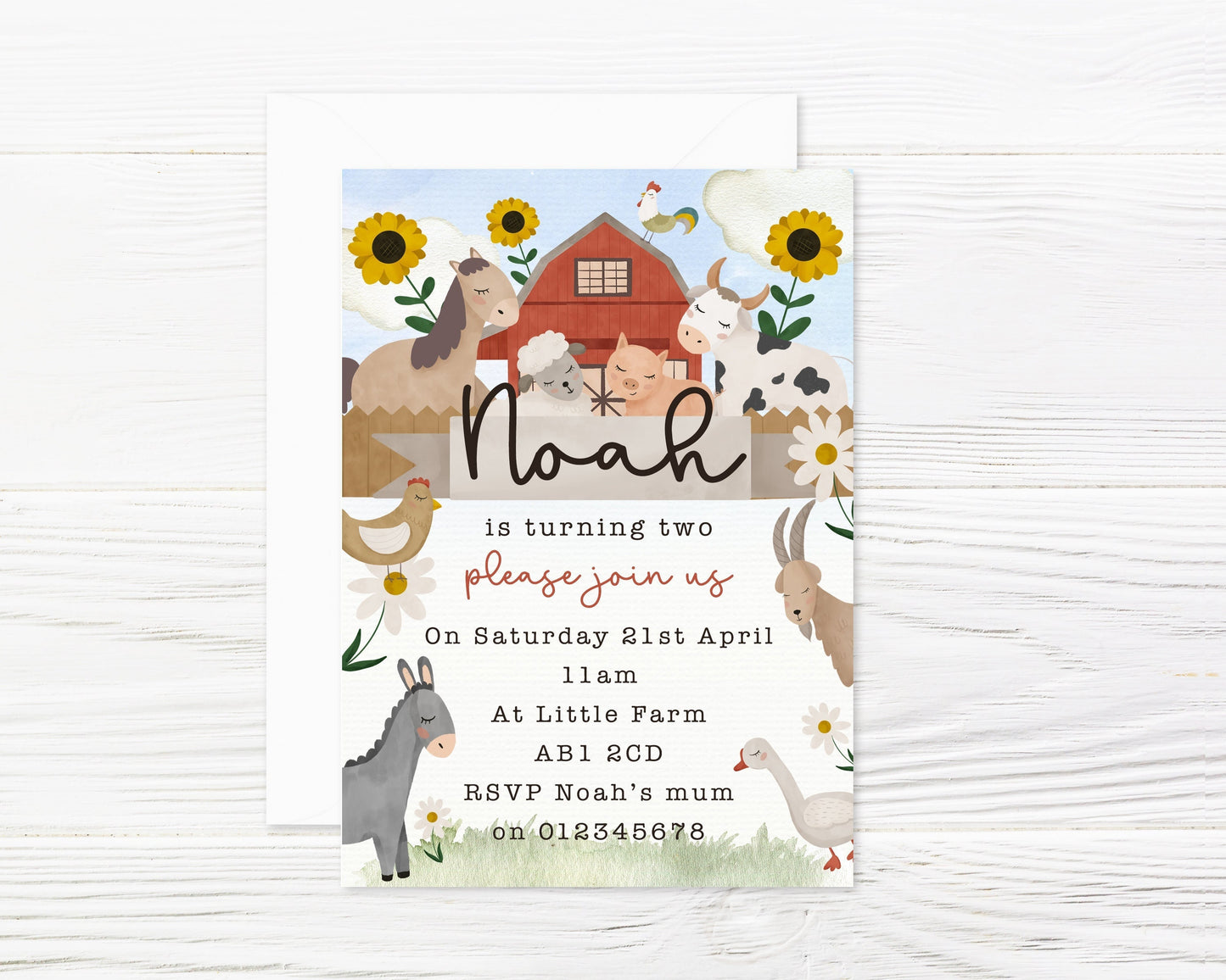 Personalised FARM Boho animals Safari Invitation and Envelopes x 8