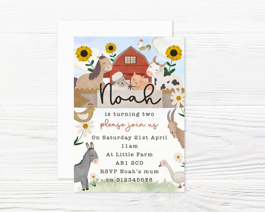 Personalised FARM Boho animals Safari Invitation and Envelopes x 8