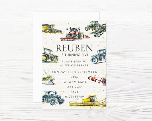 Personalised Watercolor Farm Machinery Invitations and Envelopes x 8