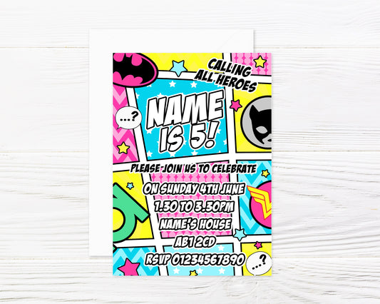 Personalised Comic Book Superhero Girl Invitations and Envelopes x 8