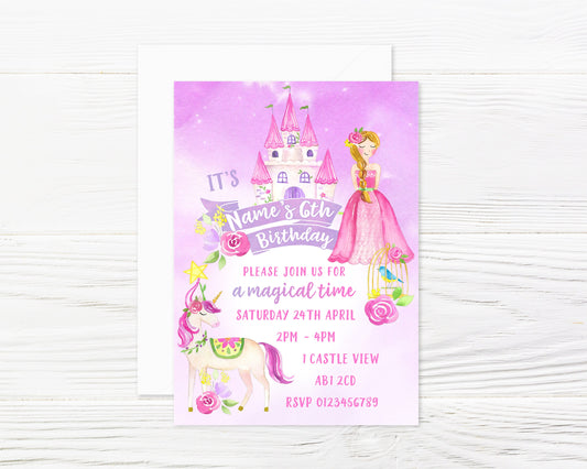 Personalised Princess Unicorn Castle Fairytale Party Invitations and Envelopes x 8