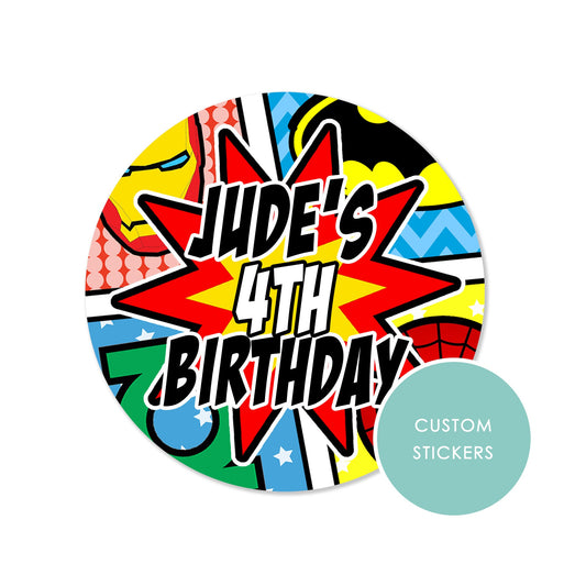 PERSONALISED STICKERS Multiple sizes Comic Book Superhero Personalised Sweet Cone Gift label