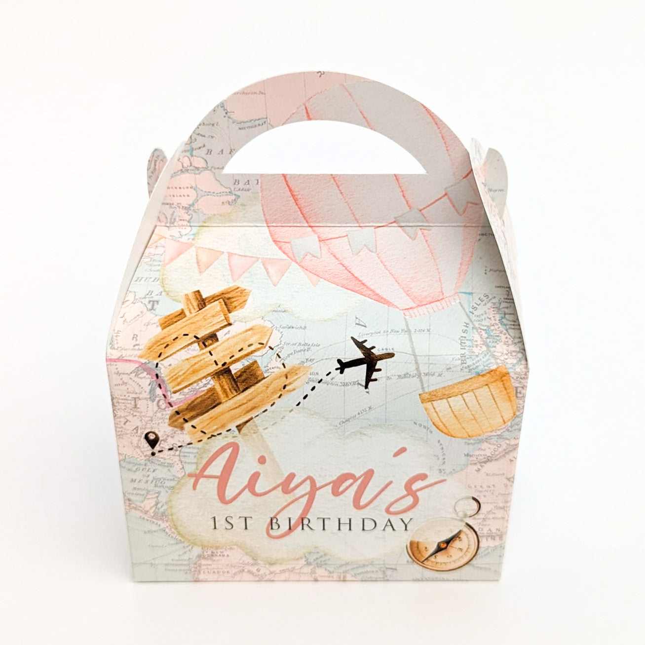 TRAVEL Vintage Map Plane Holiday Personalised Children’s Party Box Gift Bag Favour