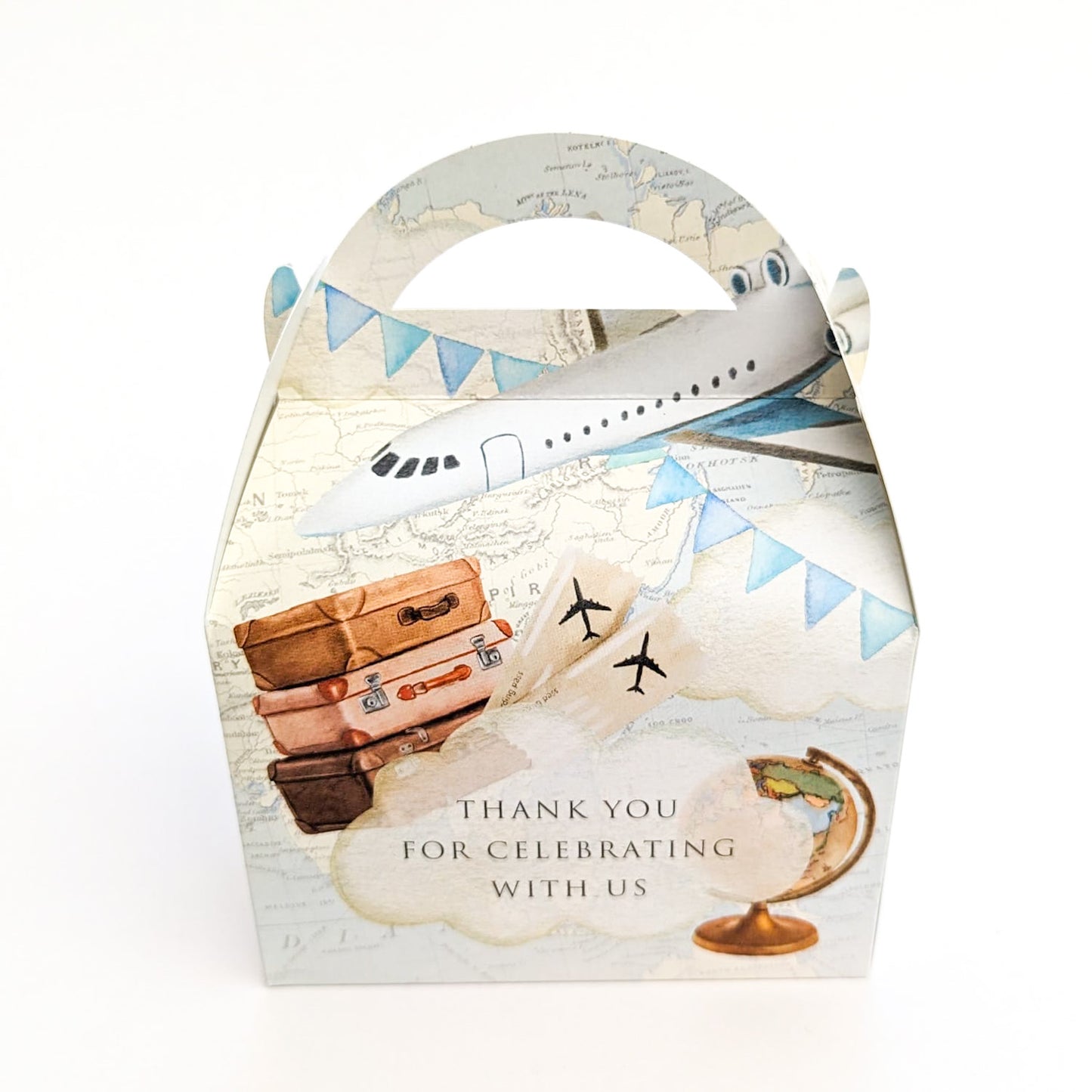 TRAVEL Vintage Map Plane Holiday Personalised Children’s Party Box Gift Bag Favour