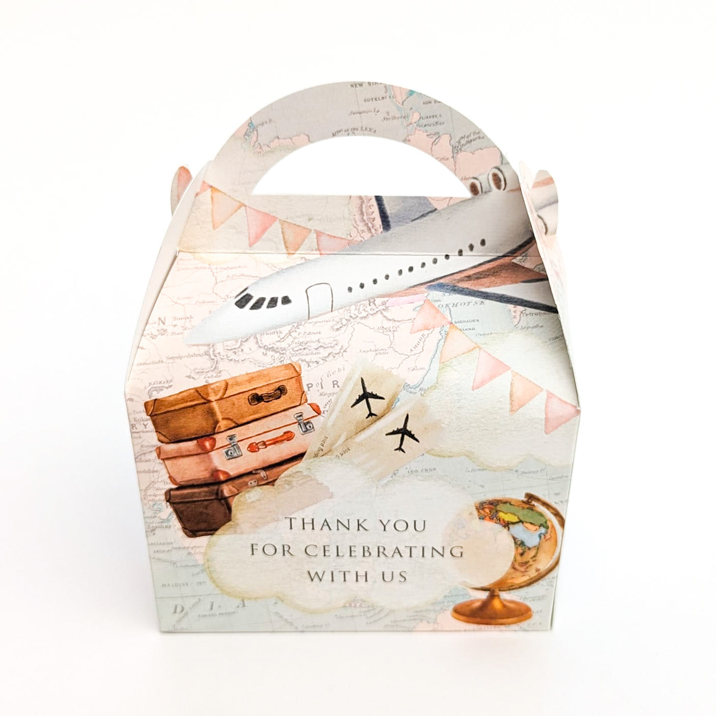 TRAVEL Vintage Map Plane Holiday Personalised Children’s Party Box Gift Bag Favour