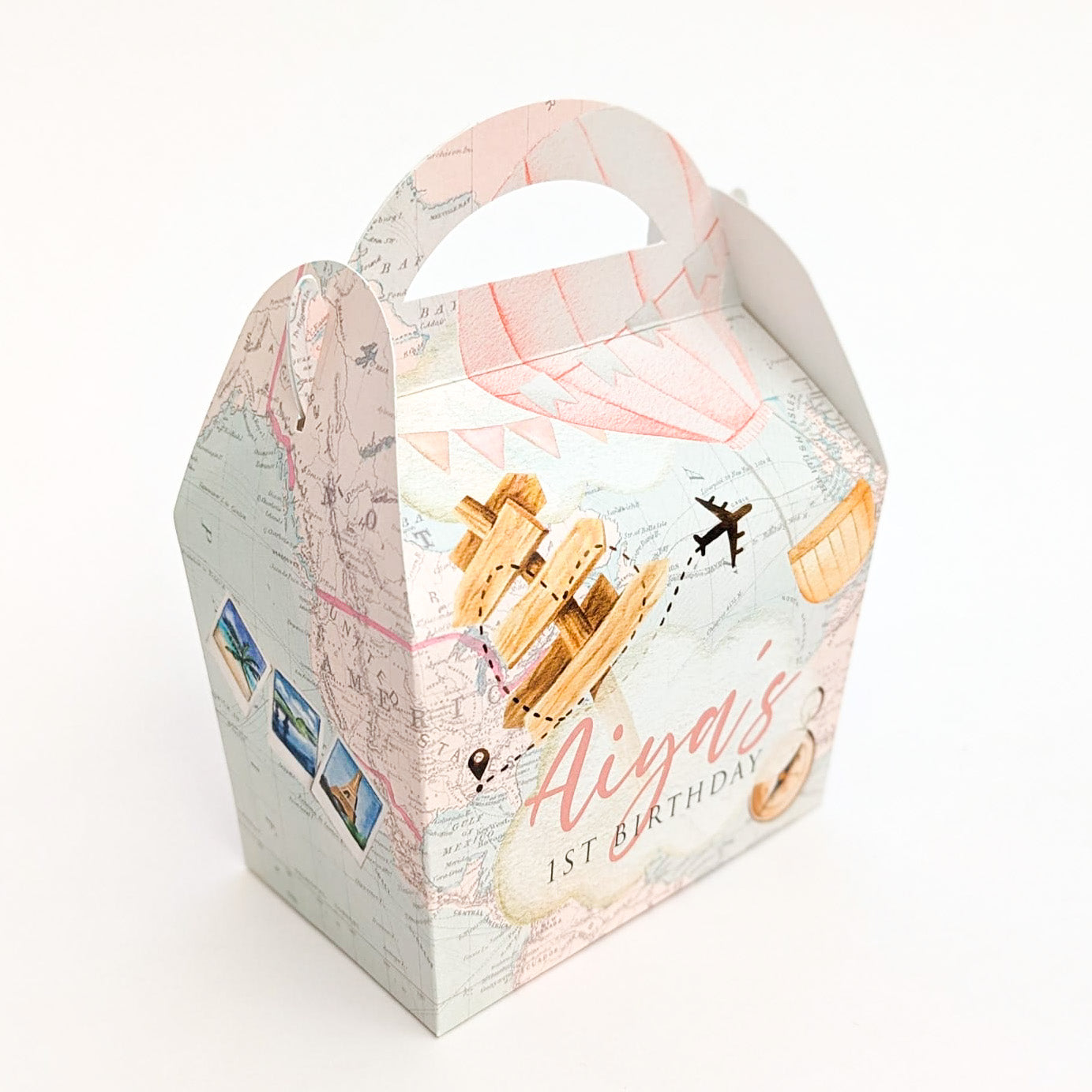 TRAVEL Vintage Map Plane Holiday Personalised Children’s Party Box Gift Bag Favour