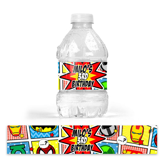 DRINK LABEL STICKERS x 7 Personalised Superhero Comic Book