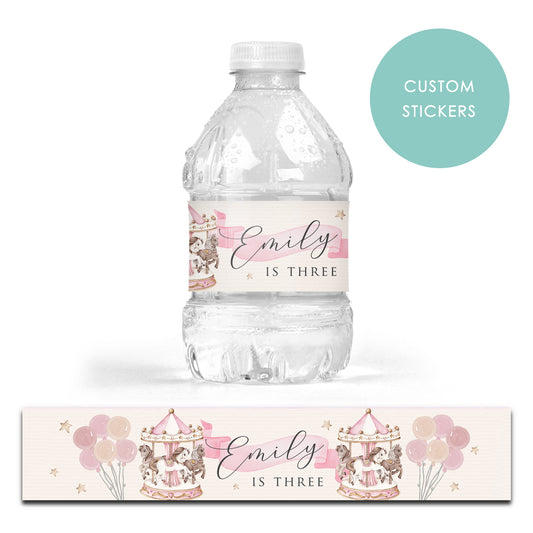 DRINK LABEL STICKERS x 7 Personalised Pretty Carousel Vintage Merry-go-round