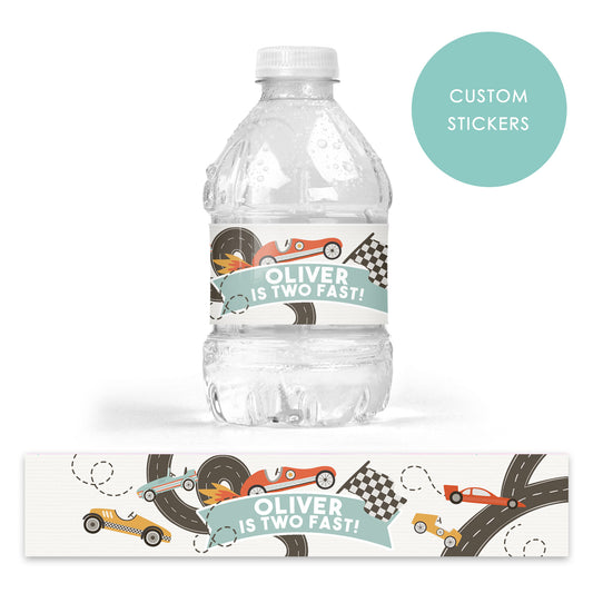 DRINK LABEL STICKERS x 7 Personalised Retro Racing Cars Two Fast One