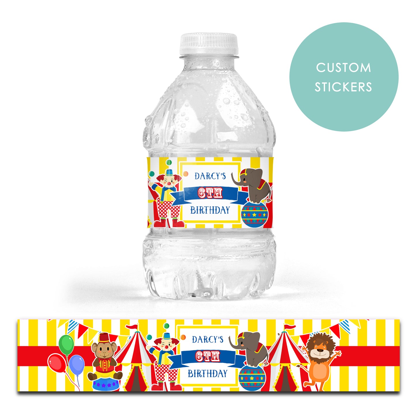 DRINK LABEL STICKERS x 7 Personalised Circus Colourful Carniva Party