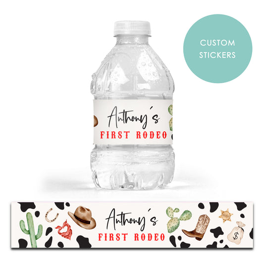 DRINK LABEL STICKERS x 7 Personalised First Rodeo Cowboy Cowgirl