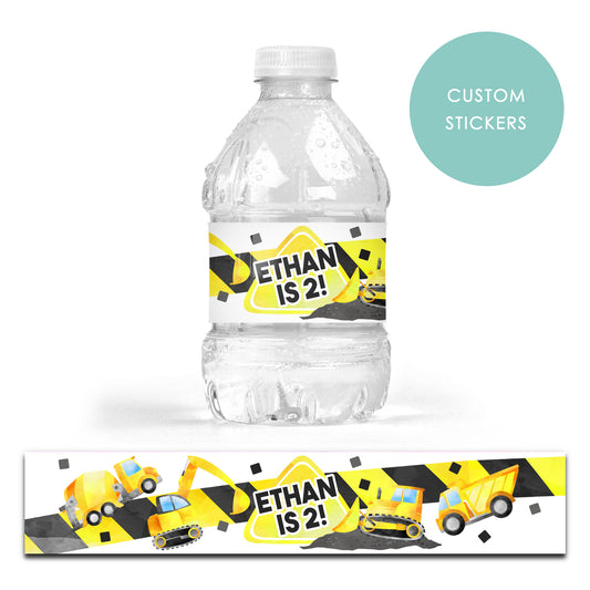DRINK LABEL STICKERS x 7 Personalised Diggers Construction Party