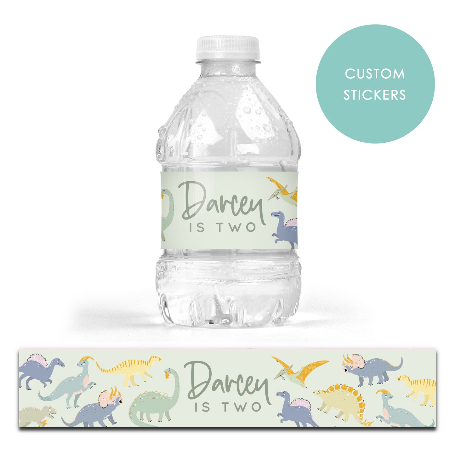 DRINK LABEL STICKERS x 7 Personalised Dinosaur Pastels Baby Boys Girls