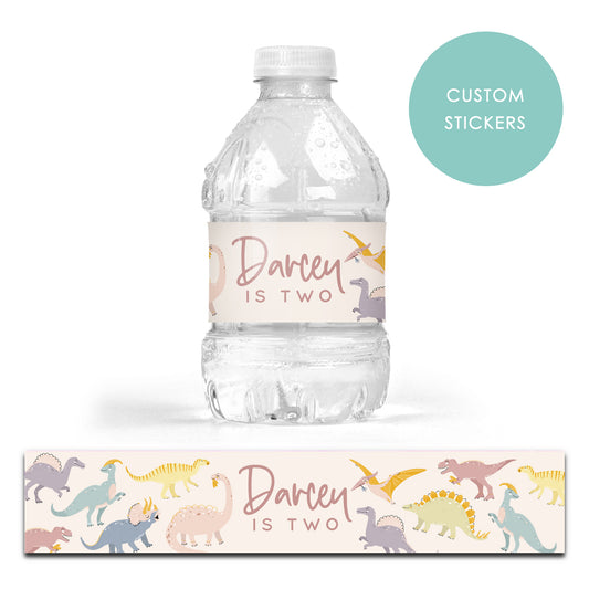 DRINK LABEL STICKERS x 7 Personalised Dinosaur Pastels Baby Boys Girls