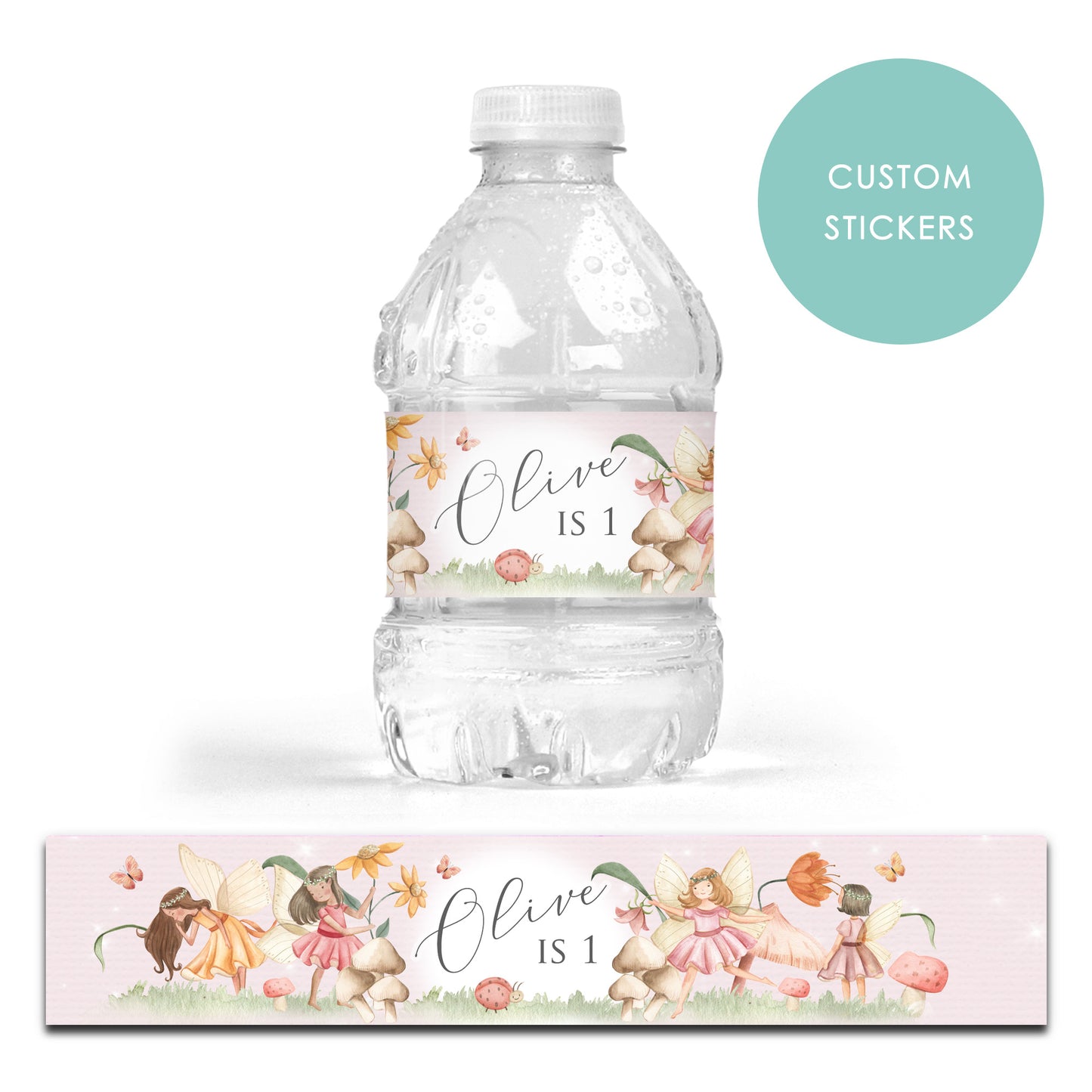 DRINK LABEL STICKERS x 7 Personalised Fairies Fairy Magical Woodland Party