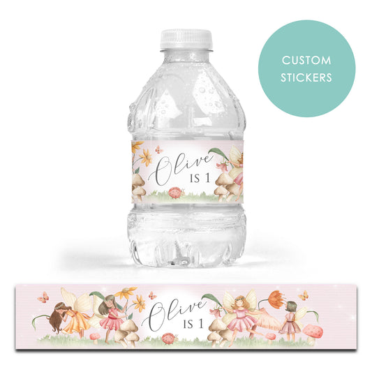 DRINK LABEL STICKERS x 7 Personalised Fairies Fairy Magical Woodland Party