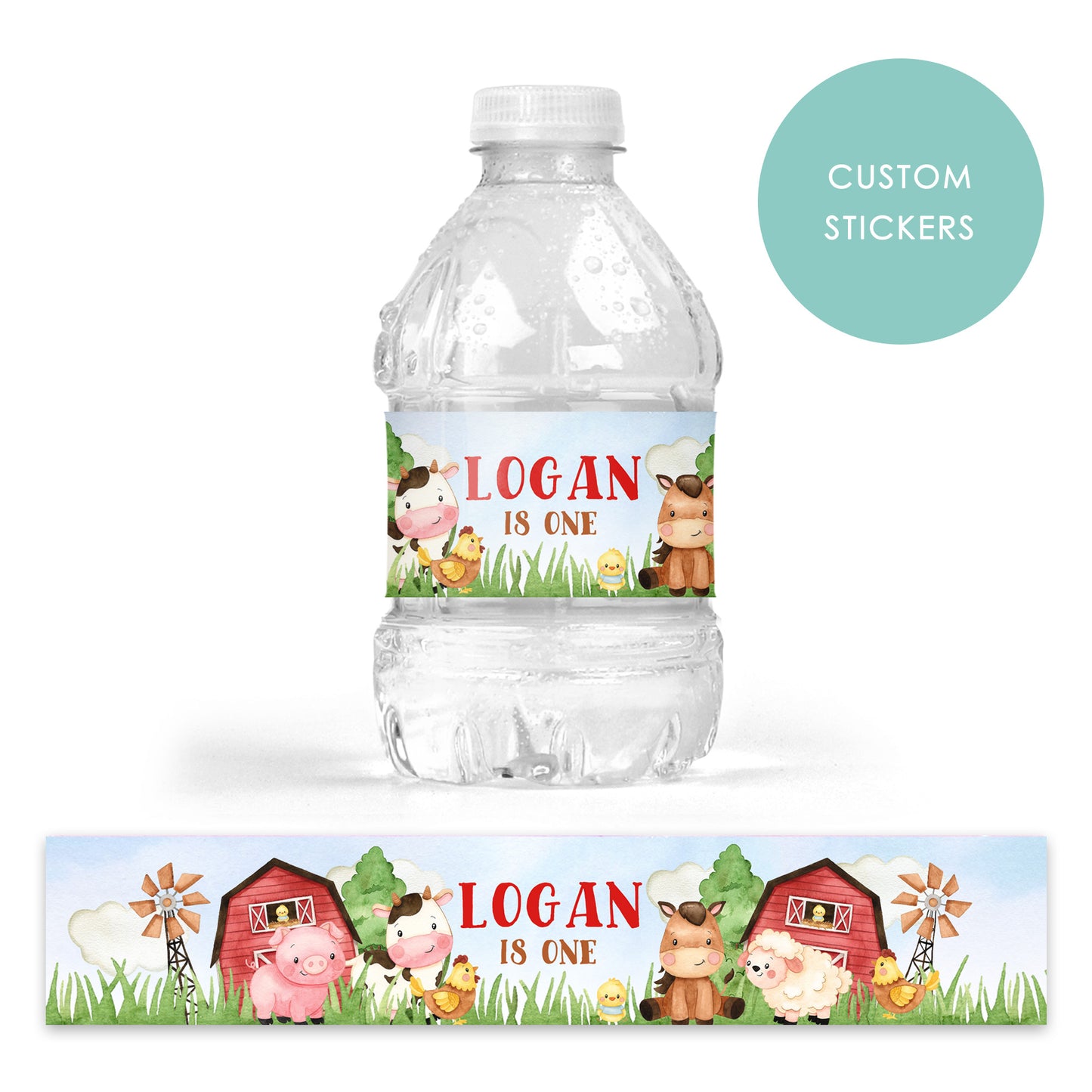 DRINK LABEL STICKERS x 7 Personalised Farm Animals Birthday Red Barn