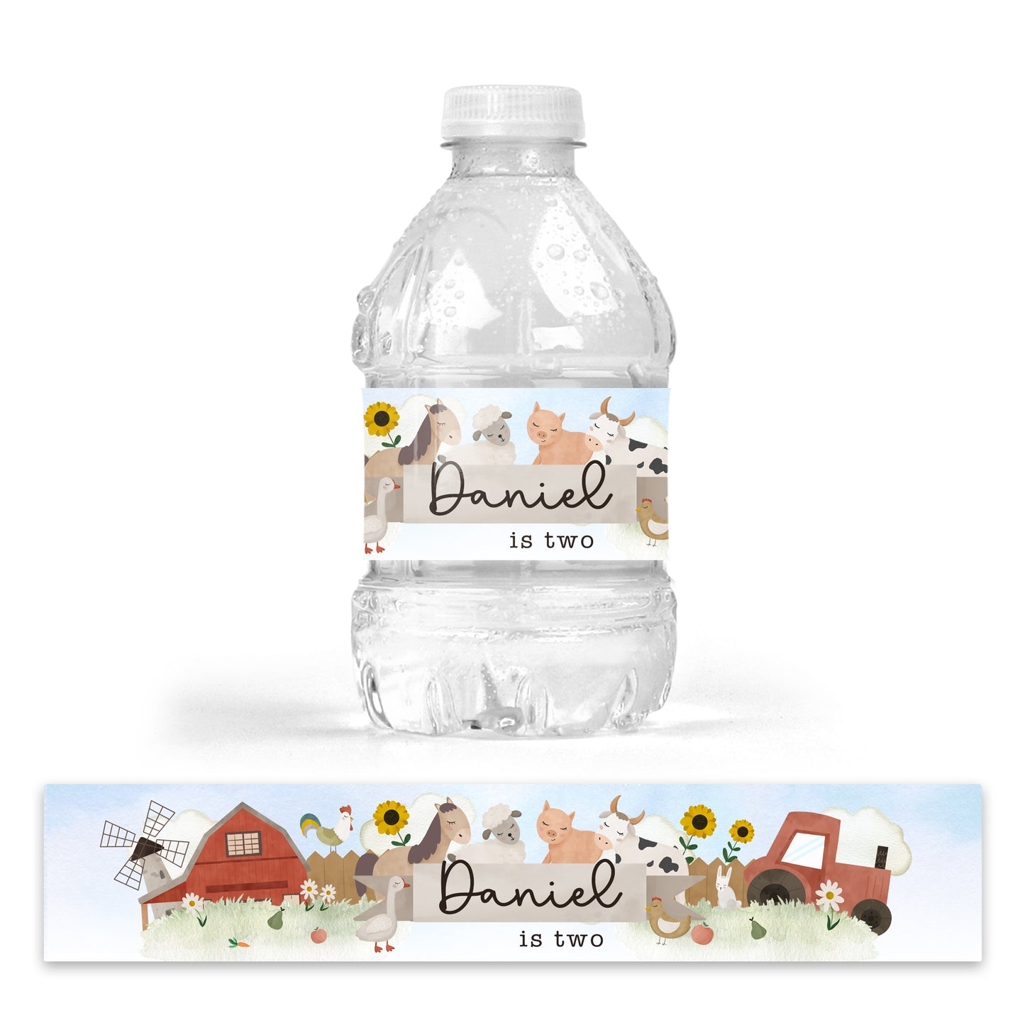 DRINK LABEL STICKERS x 7 Personalised Farm Animals Birthday