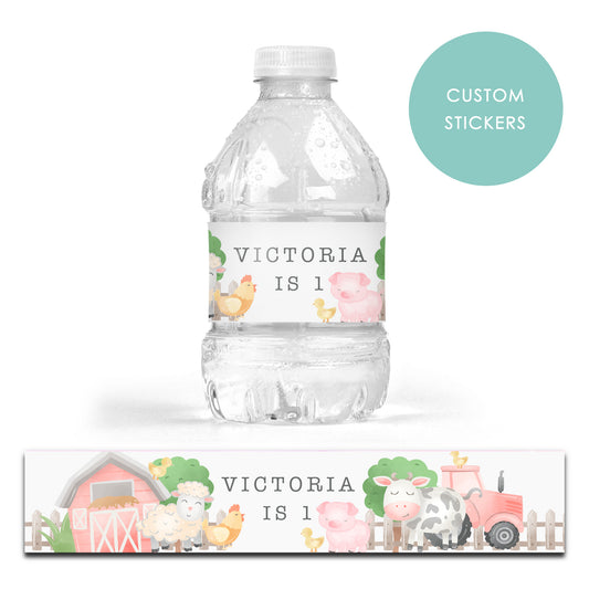 DRINK LABEL STICKERS x 7 Personalised Pastel Farm Animals Tractors Combine Birthday