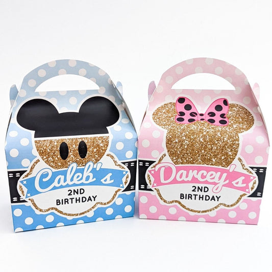 Personalized Mickey/Minnie Mouse Party Favor Box: Pink, Blue, Gold