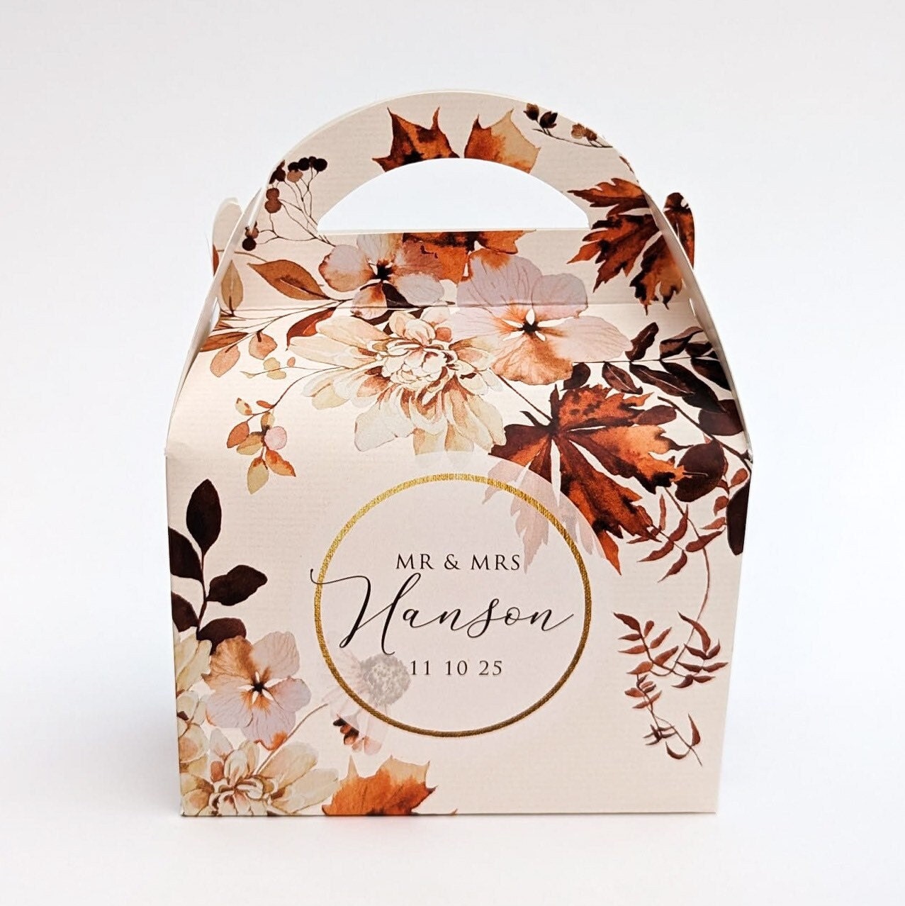 personalised gable treat box in an autumnal leaf design featuring, cream, browns and gold colours