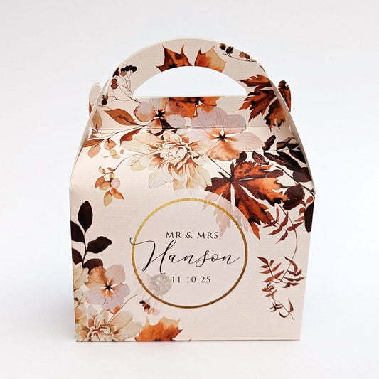 personalised gable treat box in an autumnal leaf design featuring, cream, browns and gold colours
