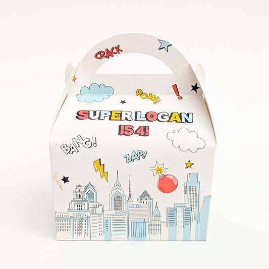 Comic Book Superhero Personalised Children’s Party Box Gift Bag Favour