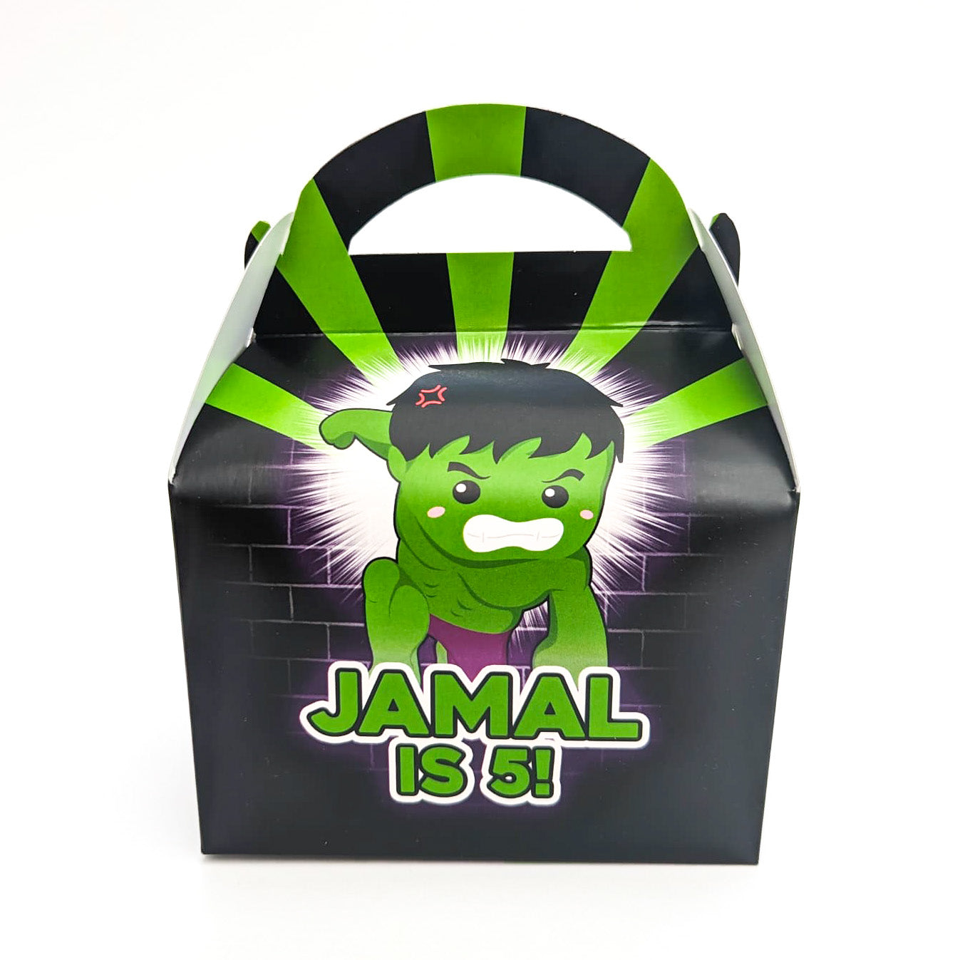 SUPERHERO Hulk inspired boys Personalised Children’s Party Box Gift Bag Favour